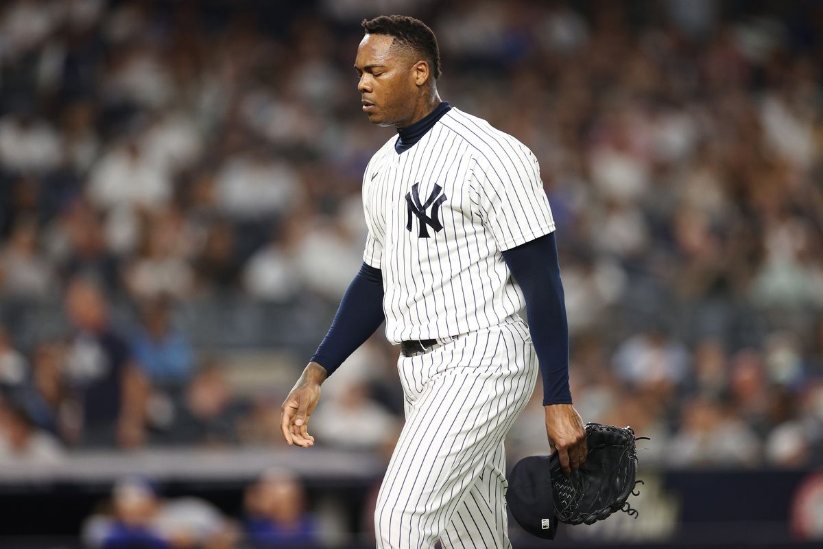 Aroldis Chapman of the New York Yankees reacts after being pulled from the mound during the ninth inning against the Toronto Blue Jays at Yankee Stadium on August 19, 2022 in the Bronx borough of New York City. The Blue Jays won 4-0.