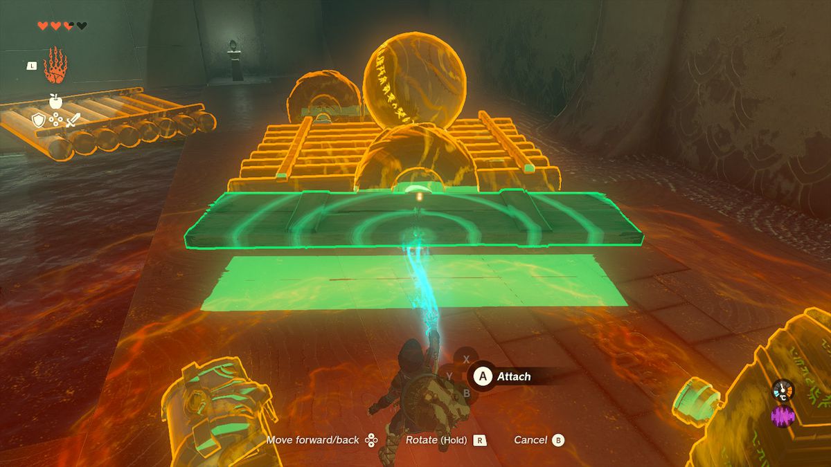 Link uses Ultrahand to connect a ball to a raft in the Tukarok Shrine in Zelda Tears of the Kingdom.