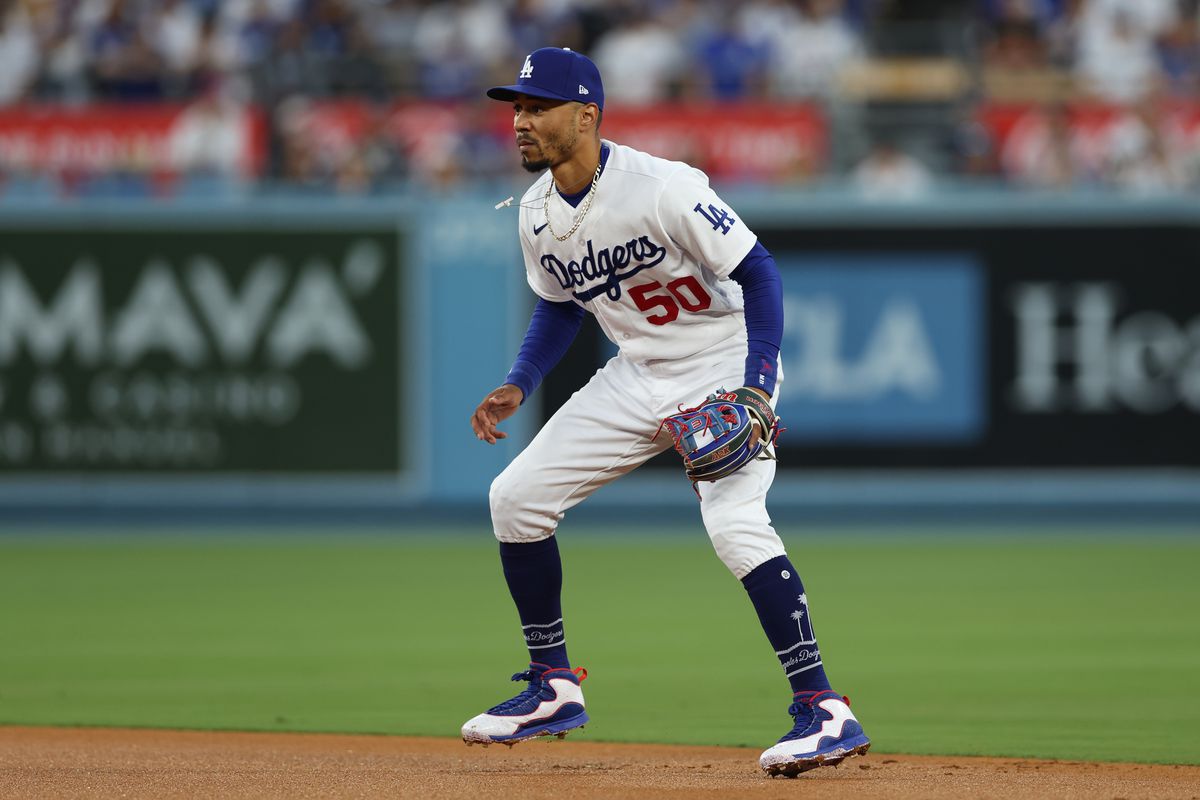 Mookie Betts of the Los Angeles Dodgers looks on during Game 2 of the Division Series between the Arizona Diamondbacks and the Los Angeles Dodgers at Dodger Stadium on Monday, October 9, 2023 in Los Angeles, California.