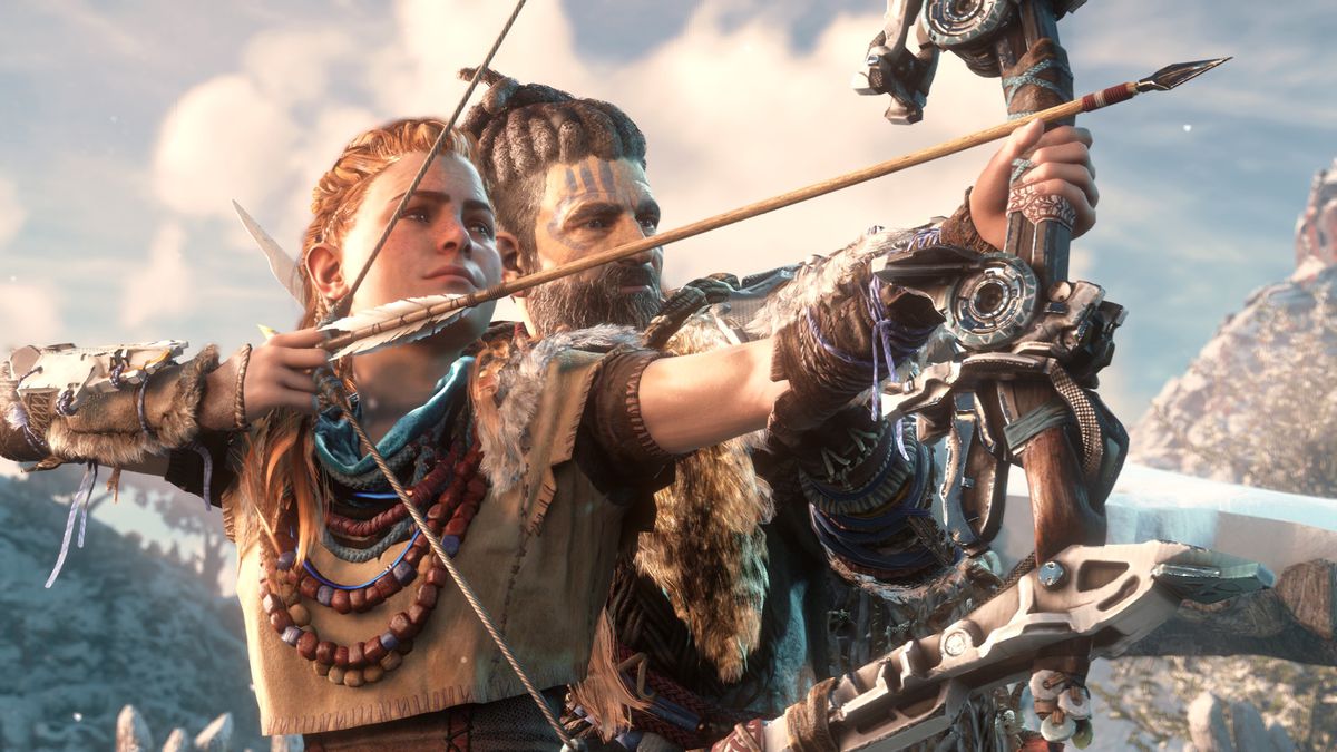 In a narrative image for Horizon Zero Dawn, the hero Aloy is instructed how to aim and fire her bow.