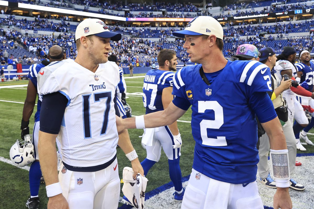 Ryan Tannehill #17 of the Tennessee Titans and Matt Ryan #2 of the Indianapolis Colts talk after Tennessee’s 24-17 win at Lucas Oil Stadium on October 02, 2022 in Indianapolis, Indiana.