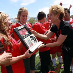 Spanish Fork is given a second-place trophy at the 2014 Unified Soccer State High School Tournament, hosted by Special Olympics Utah and the Utah High School Activities Association, at Hillcrest High School in Midvale on Saturday, May 3, 2014.