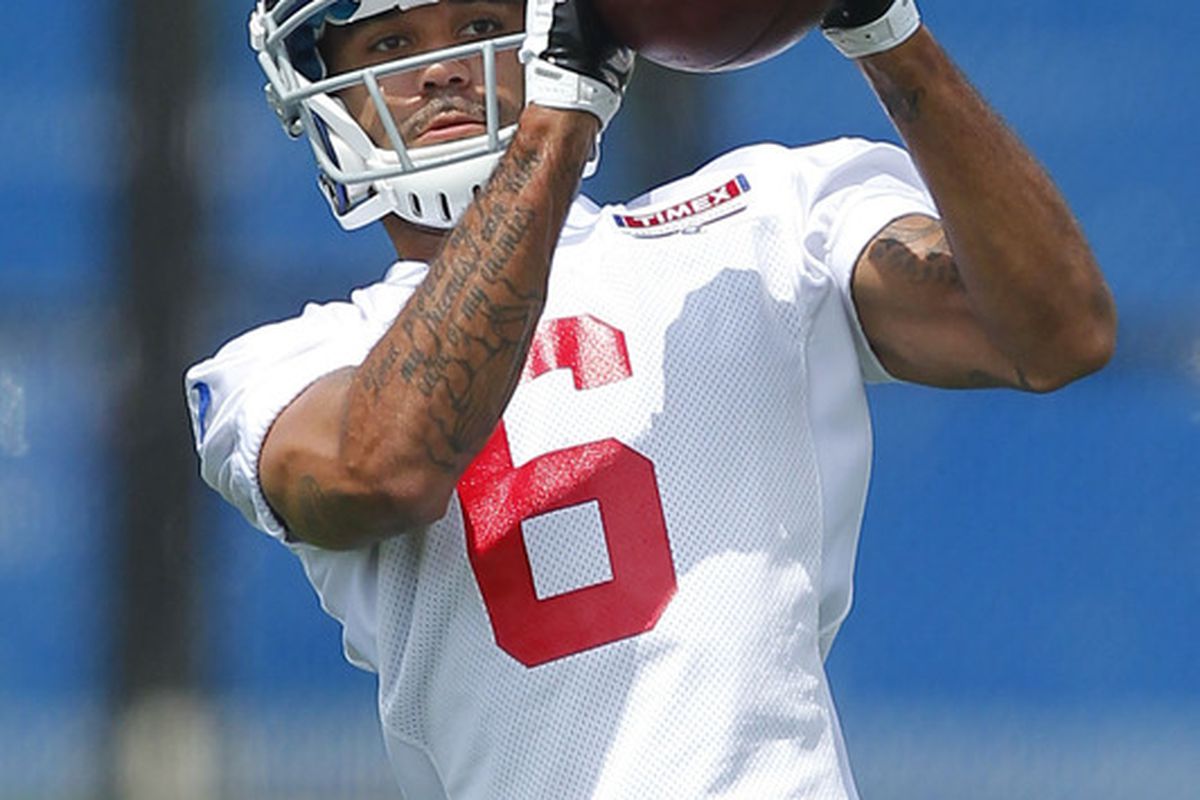 May 23, 2012; East Rutherford, NJ, USA;  New York Giants wide receiver Brandon Collins (6) catches pass during the Giants OTA at the their training facility. Jim O'Connor-US PRESSWIRE