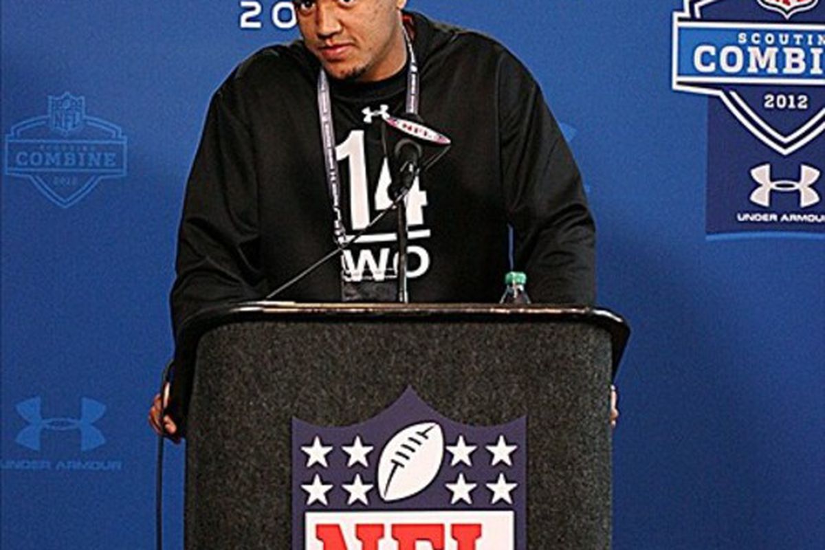 Feb 24, 2012; Indianapolis, IN, USA; Notre Dame wide receiver Michael Floyd speaks at a press conference during the NFL Combine at Lucas Oil Stadium. Mandatory Credit: Brian Spurlock-US PRESSWIRE