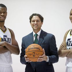 Head Coach Quin Snyder poses with Rodney Hood and Dante Exum as the Utah Jazz hold their media day Monday, Sept. 29, 2014, in Salt Lake City at the Zions Bank Basketball Center.