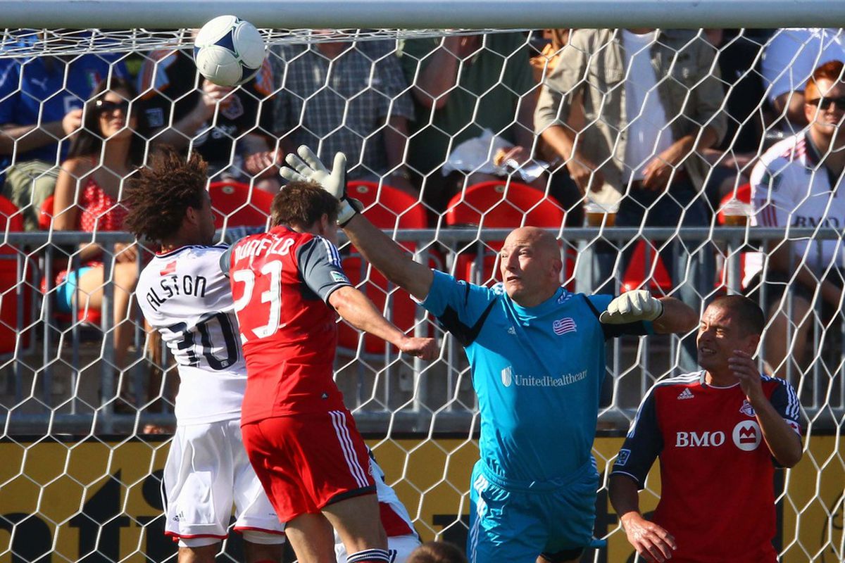 Jun 23, 2012; Toronto, ON, Canada; New England Revolution goalkeeper Matt Reis (1) reaches for the ball in front of the net against Toronto FC at BMO Field. The FC tied the Revolution 2-2. Mandatory Credit: Tom Szczerbowski-US PRESSWIRE