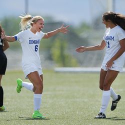 Bingham's Addy Anderson celebrates a goal with teammate Meagan Beckman as Lone Peak and Bingham girls compete in soccer action at Lone Peak on Tuesday, Aug. 22, 2017. Lone Peak won 2-1.