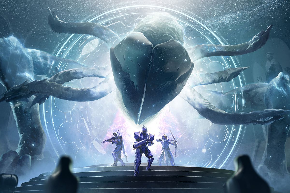 An Ahamkara wish dragon peers through the portal at a group of Guardians in Destiny 2