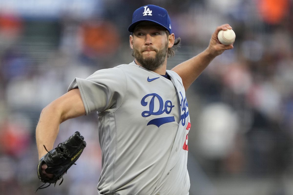 Clayton Kershaw of the Los Angeles Dodgers pitches against the San Francisco Giants in the bottom of the first inning at Oracle Park on April 12, 2023 in San Francisco, California.