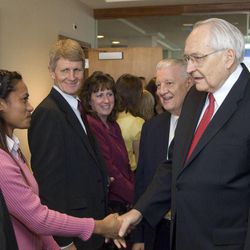 Elder L. Tom Perry of the Quorum of the Twelve Apostles visits Visitor Center before redidication of Visitor Center.