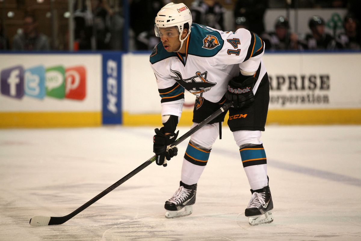 Worcester Sharks defenseman Sena Acolatse had the lone Sharks goal in the Sharks' 5-1 loss to the St. John's IceCaps Friday night at the DCU Center.