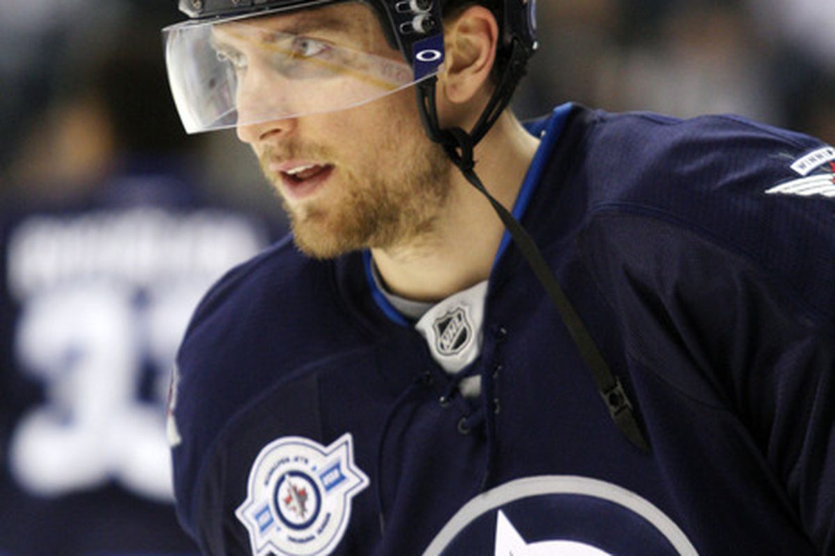 April 7, 2012; Winnipeg, MB, CAN; Winnipeg Jets forward Blake Wheeler (26) prior to the game against the Tampa Bay Lightning at the MTS Centre. Mandatory Credit: Bruce Fedyck-US PRESSWIRE