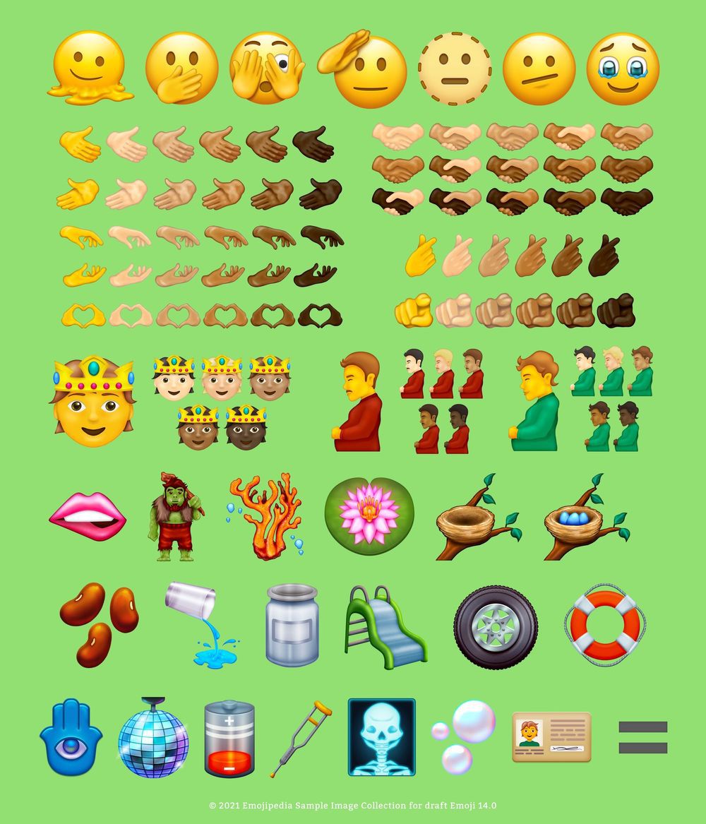 Emoji shown in the prior image, in addition to a melting face, face with hand over mouth, face with eye peeking through fingers, saluting face, face with dotted lines around it, face holding back tears, as well as heart hands, snapping fingers, pointing index finger, and handshakes, all with different skin tones.