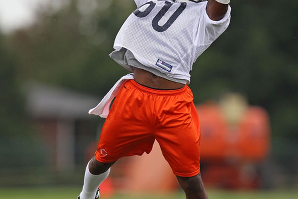 BOURBONNAIS IL - JULY 30: Earl Bennett #80 of the Chicago Bears catches a pass during a summer training camp practice at Olivet Nazarene University on July 30 2010 in Bourbonnais Illinois. (Photo by Jonathan Daniel/Getty Images)