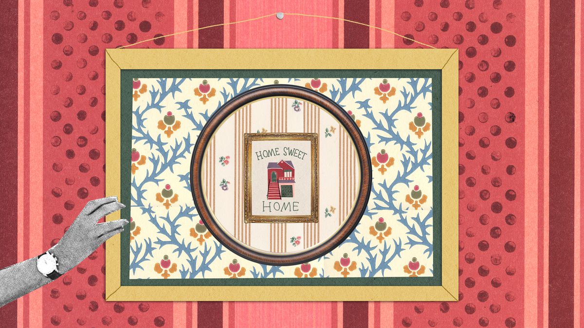 An illustration shows a hand adjusting a frame on a wall. Inside the frame is a circle containing another framed image of a house and the words “Home Sweet Home.” 