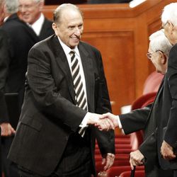 President Thomas S. Monson leaves the afternoon session of General Conference at the LDS Conference Center in Salt Lake City on Saturday, Oct. 1, 2011. 