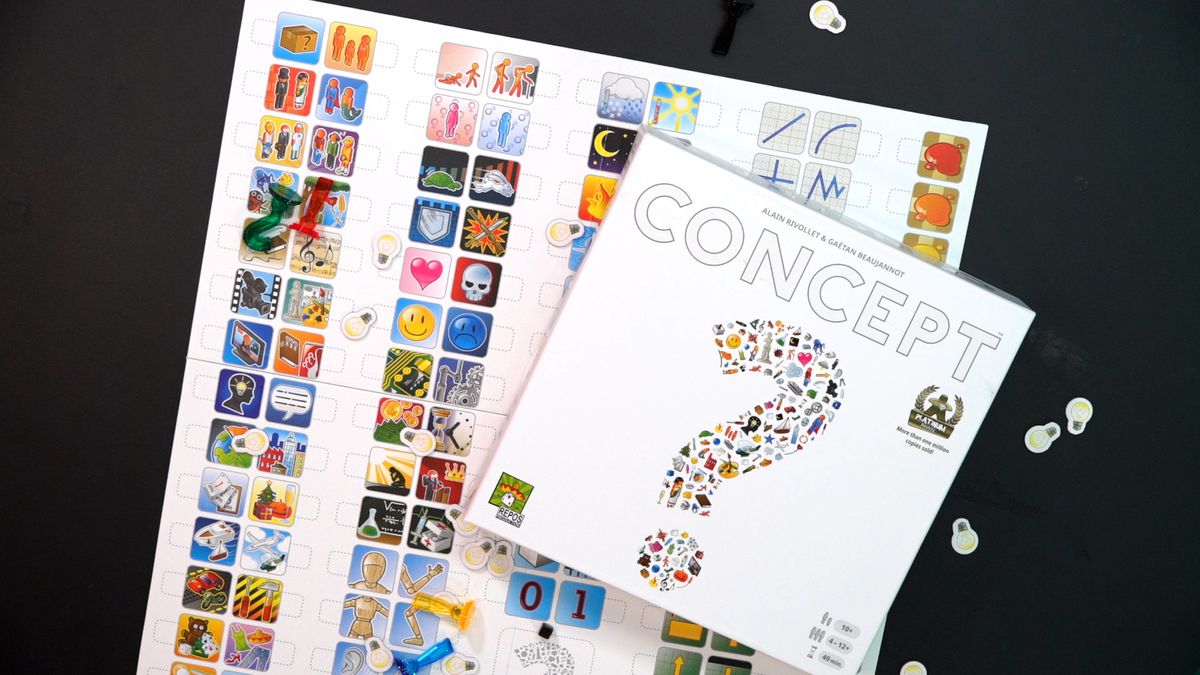 The board game box for Concept sits on top of it’s colorful board of icons with little game pieces and scoring tokens strewn across the table.