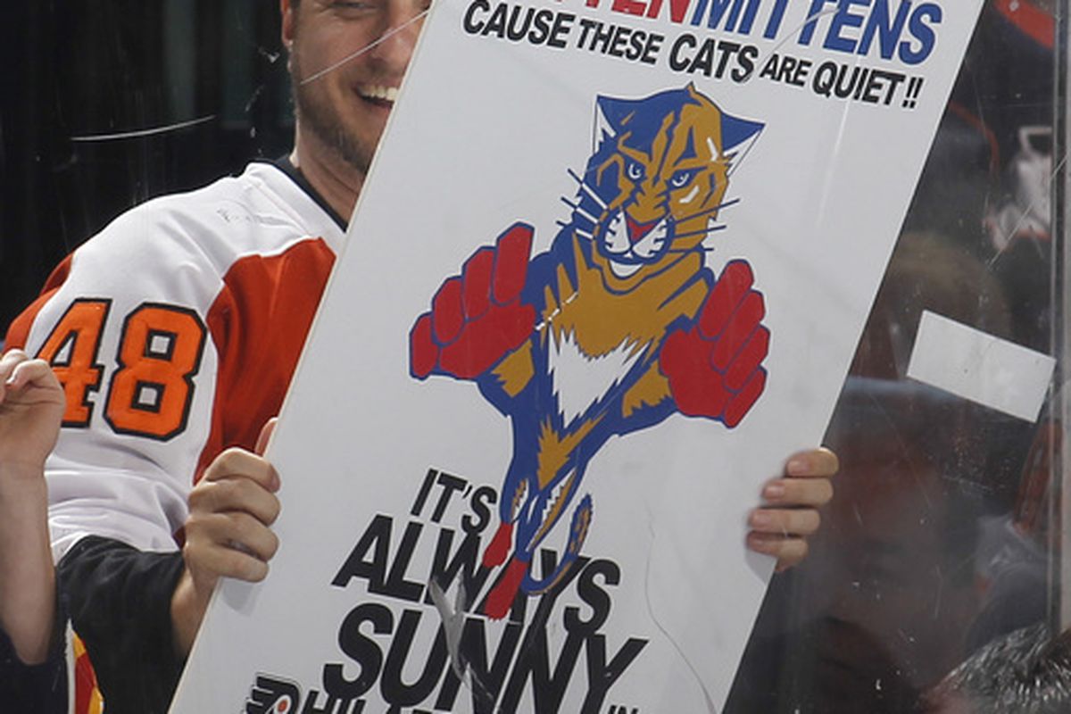 SUNRISE FL - FEBRUARY 16: A Philadelphia Flyers holds up a sign after they scored a goal against the Florida Panthers in the first period on February 16 2011 at the BankAtlantic Center in Sunrise Florida. (Photo by Joel Auerbach/Getty Images)