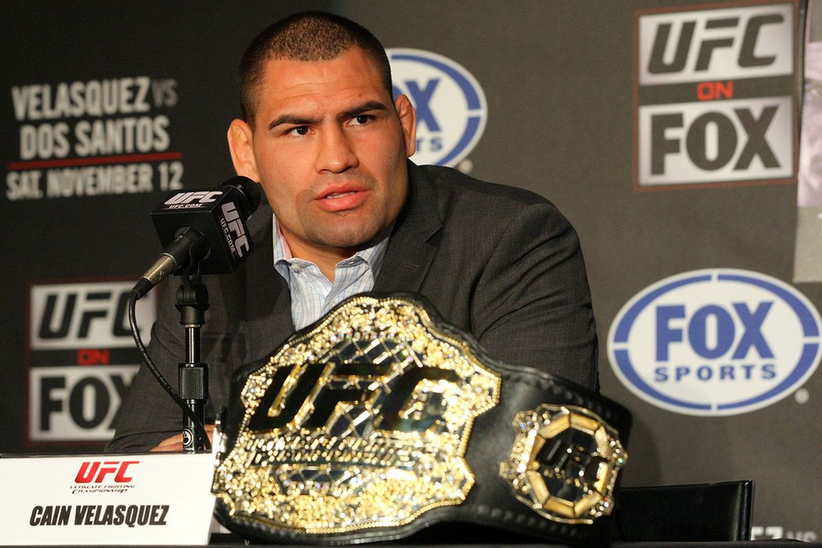 HOLLYWOOD, CA - SEPTEMBER 20:  UFC Fighter Cain Velasquez speaks at the UFC on Fox: Velasquez v Dos Santos - Press Conference at W Hollywood on September 20, 2011 in Hollywood, California.  (Photo by Victor Decolongon/Getty Images)