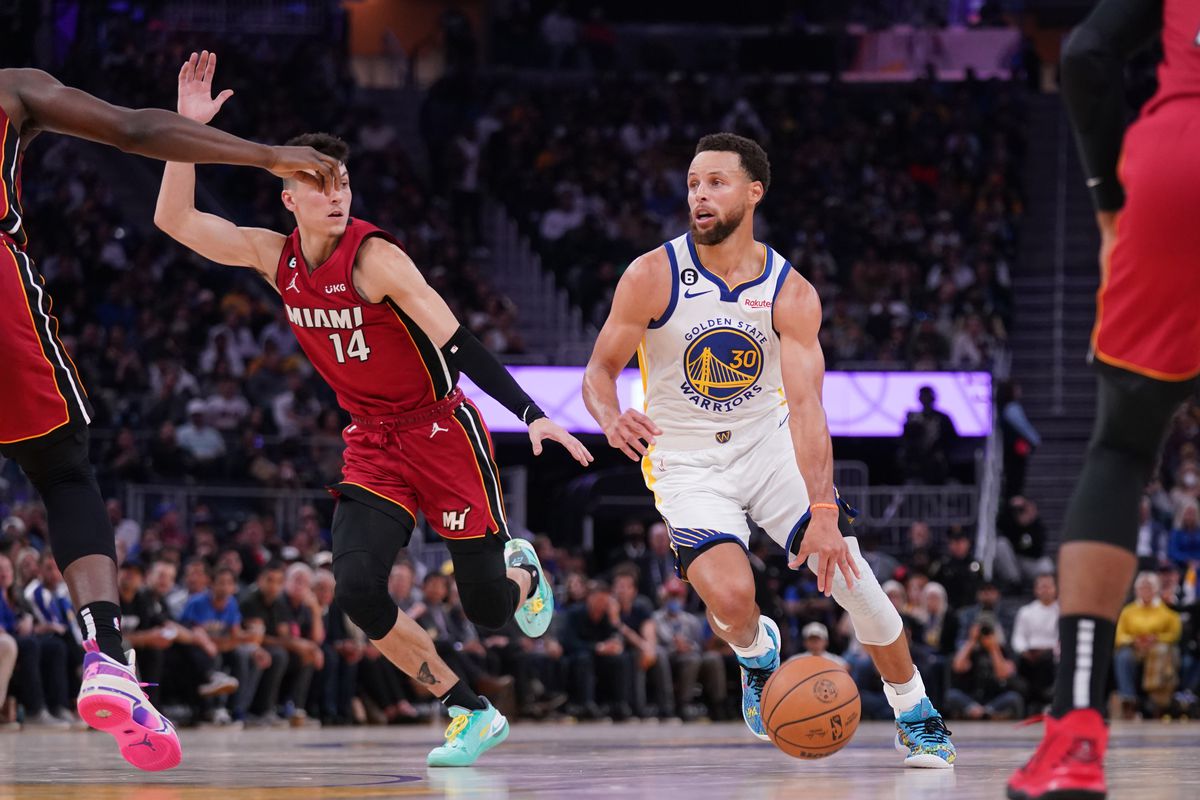 Golden State Warriors guard Stephen Curry (30) dribbles past Miami Heat guard Tyler Herro (14) in the third quarter at the Chase Center.&nbsp;