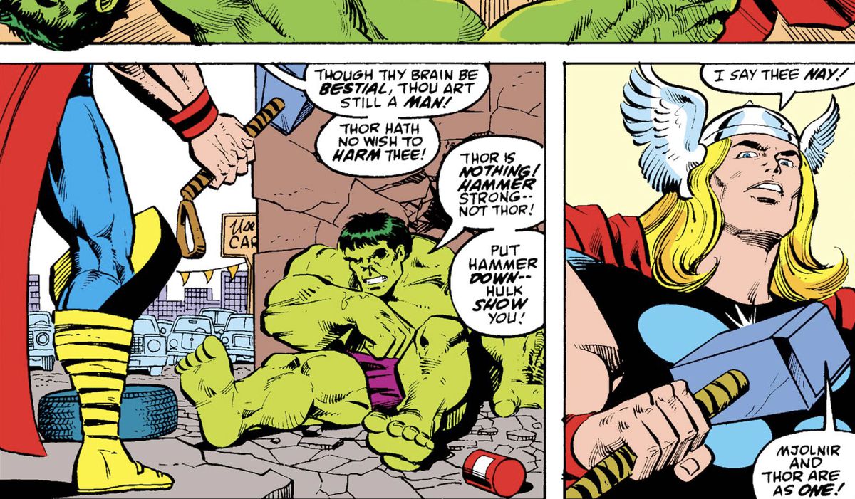 “Thor is nothing!” protests a winded Hulk, “Hammer strong — not Thor! Put hammer down — Hulk show you!” in Thor #385 (1987). 