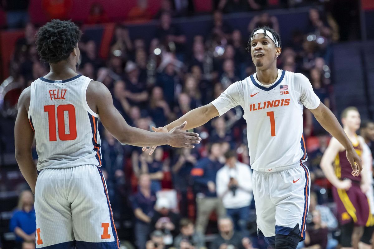 Illinois Fighting Illini guard Trent Frazier celebrates with guard Andres Feliz during the second half against the Minnesota Golden Gophers at State Farm Center.&nbsp;
