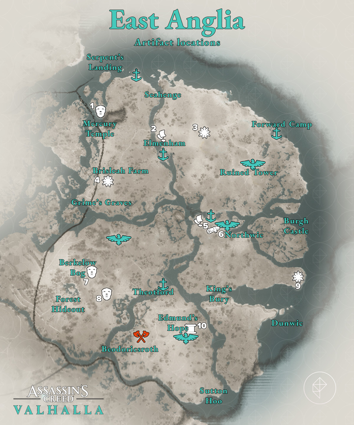 Assassin’s Creed Valhalla East Anglia Artifacts locations map 