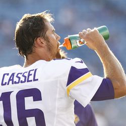 Aug 16, 2013; Orchard Park, NY, USA; Minnesota Vikings quarterback Matt Cassel (16) takes a drink before the game against the Buffalo Bills at Ralph Wilson Stadium. 