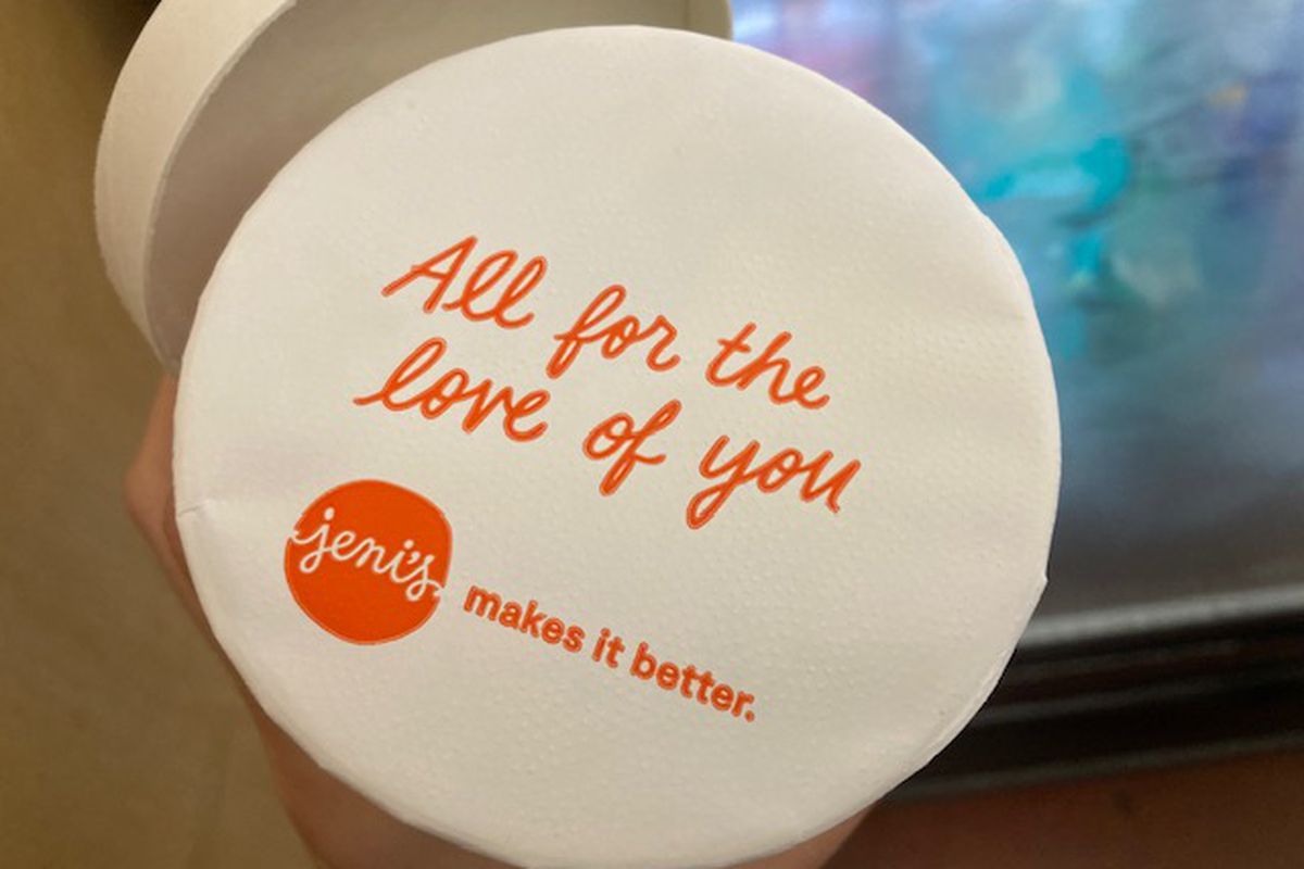 A Jeni’s ice cream pint seal reads “All for the love of you; Jeni’s makes it better.”