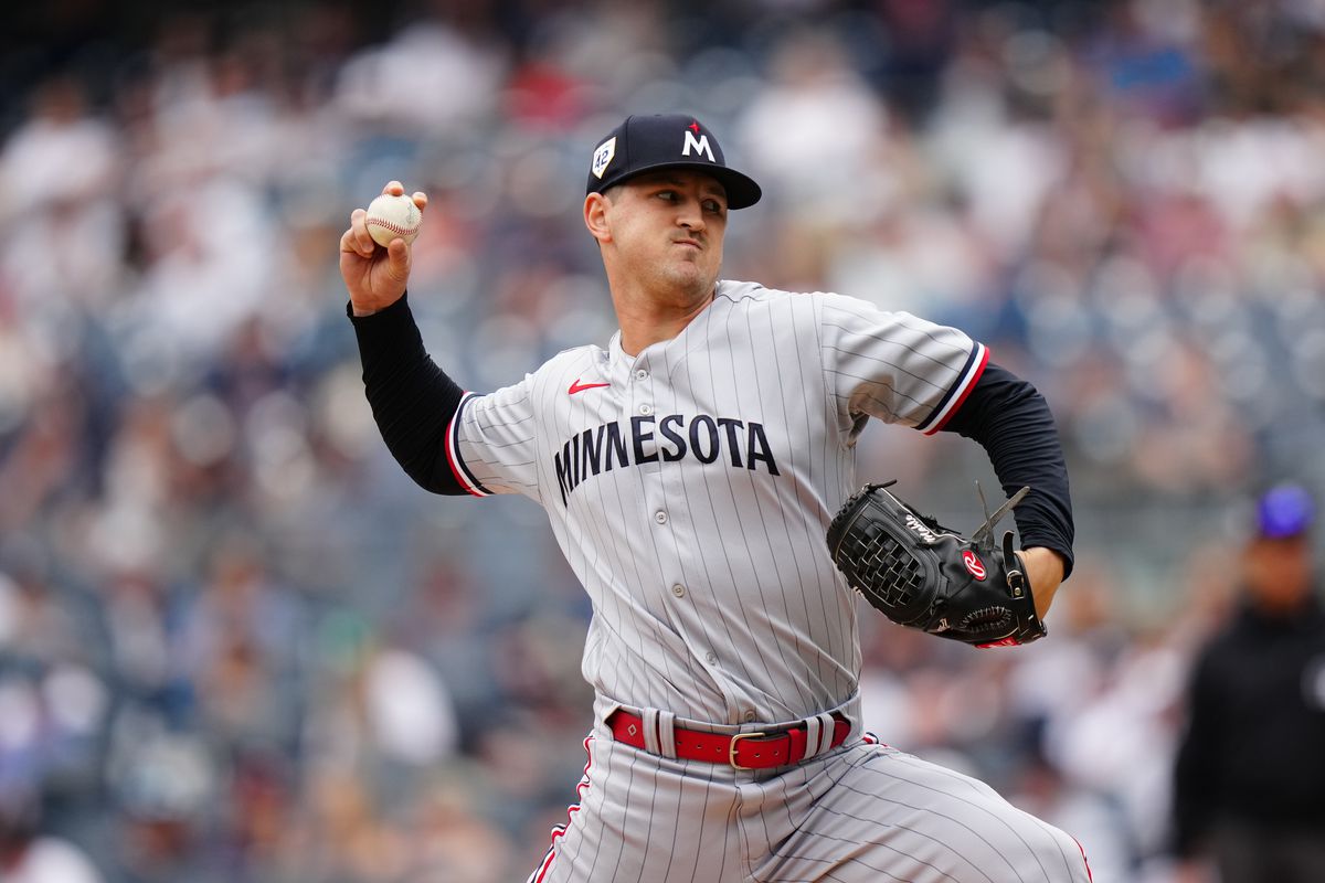 Tyler Mahle of the Minnesota Twins pitches during the game between the Minnesota Twins and the New York Yankees at Yankee Stadium on Saturday, April 15, 2023 in New York, New York.