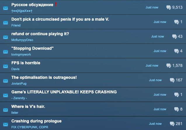 The top topics on Cyberpunk 2077’s page on Steam.