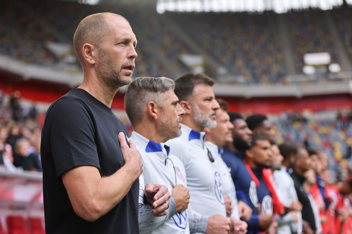 Gregg Berhalter, Head Coach of Team United States sings their national anthem prior to the International Friendly match between Japan and United States at Merkur Spiel-Arena on September 23, 2022 in Duesseldorf, Germany.