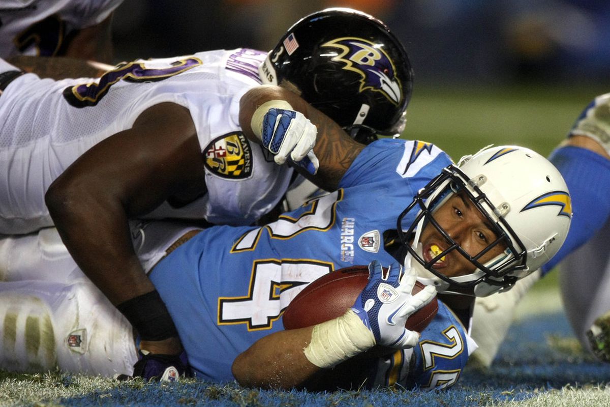  Running back Ryan Mathews #24 of the San Diego Chargers runs the ball in for a touchdown against the Baltimore Ravens during their NFL Game on at Qualcomm Stadium in San Diego, California. (Photo by Donald Miralle/Getty Images)