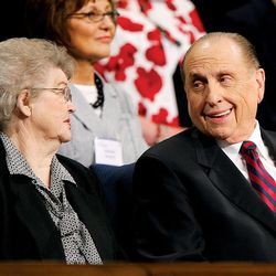 President Thomas Monson laughs with his wife, Frances, before speaking to Women's Conference attendees at Brigham Young University in Provo, May 2, 2008.