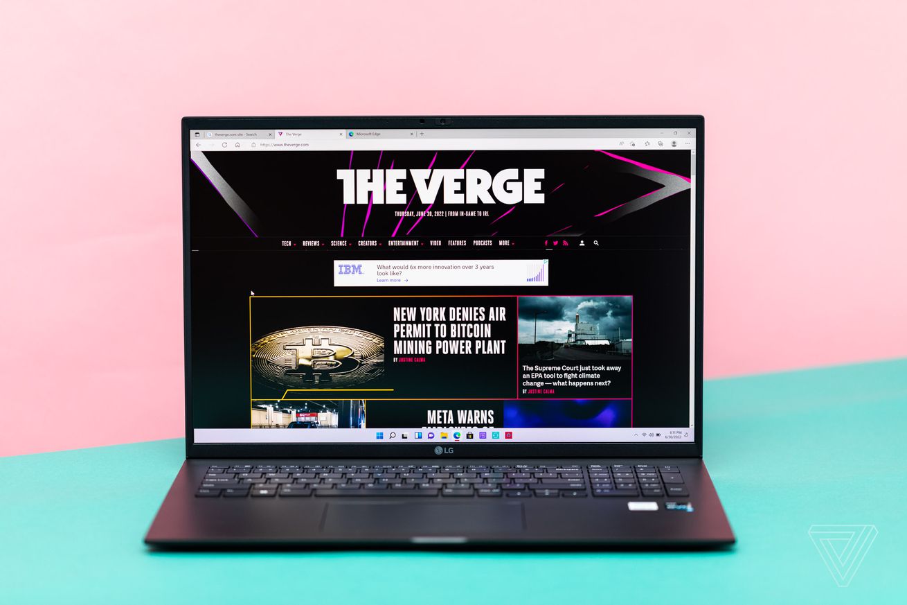 The LG Gram 17 open, displaying The Verge homepage.