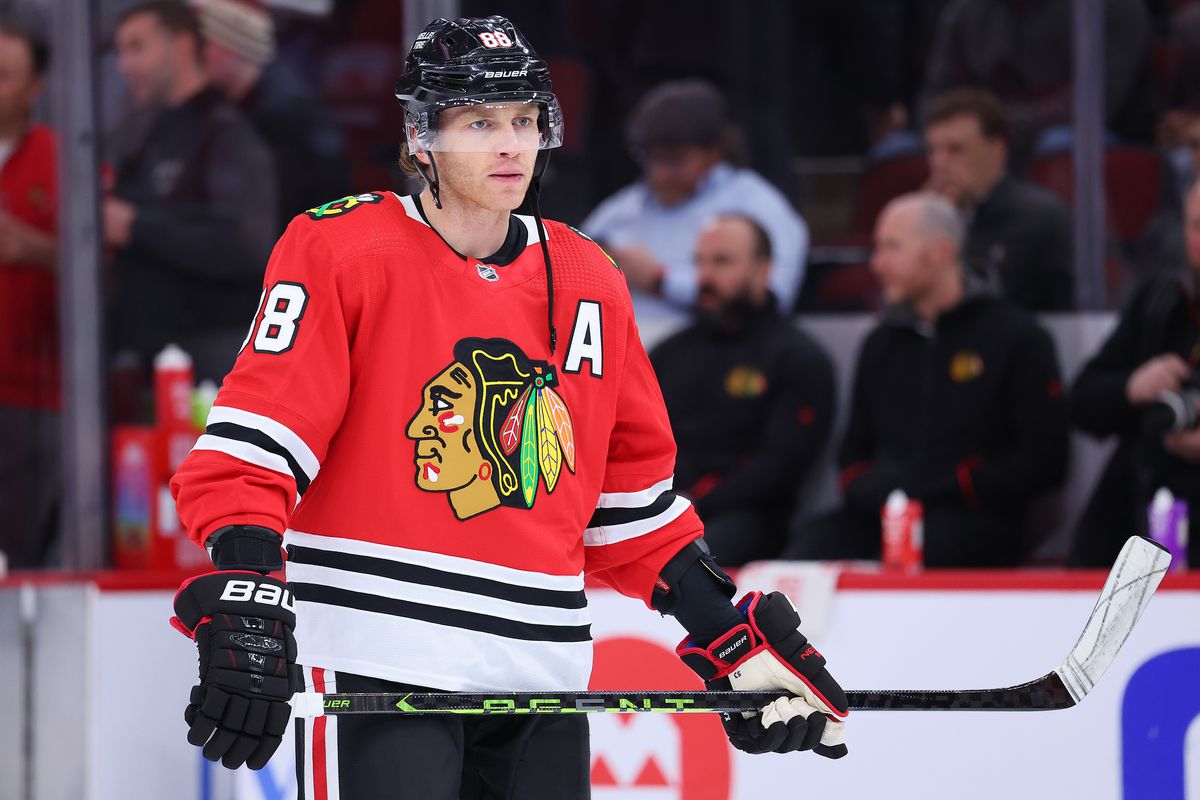 Patrick Kane of the Chicago Blackhawks looks on prior to the game against the Vegas Golden Knights at United Center on February 21, 2023 in Chicago, Illinois.