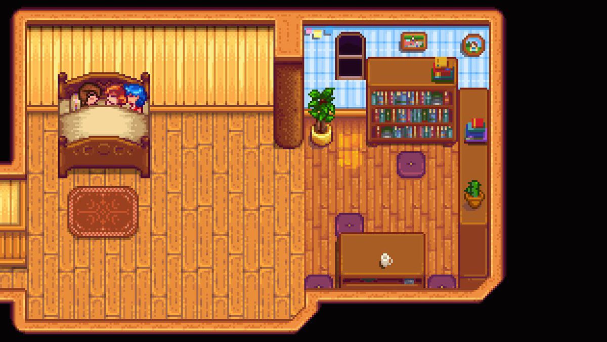 A Stardew Valley screenshot where a farmer and two NPCs are sharing a bed, thanks to the Free Love mod.
