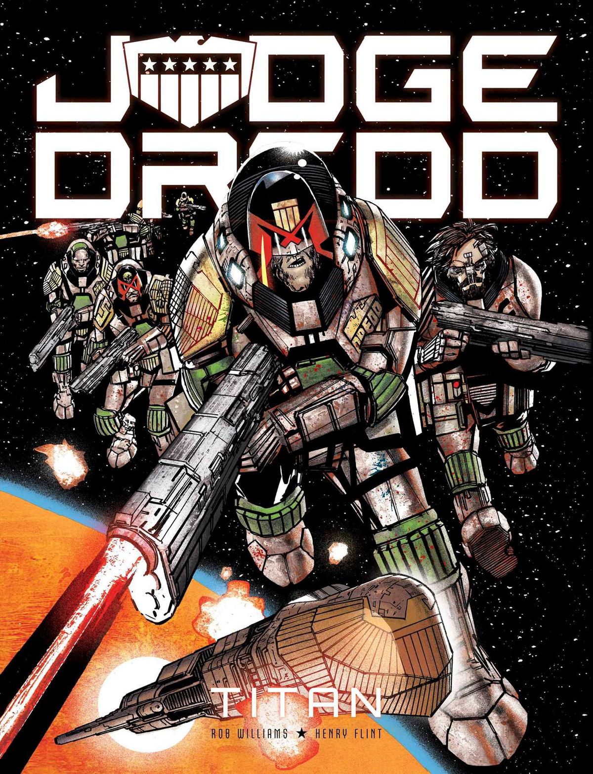 Judge Dredd and other judges careen through space, guns ablaze on the cover of Judge Dredd: Titan. 