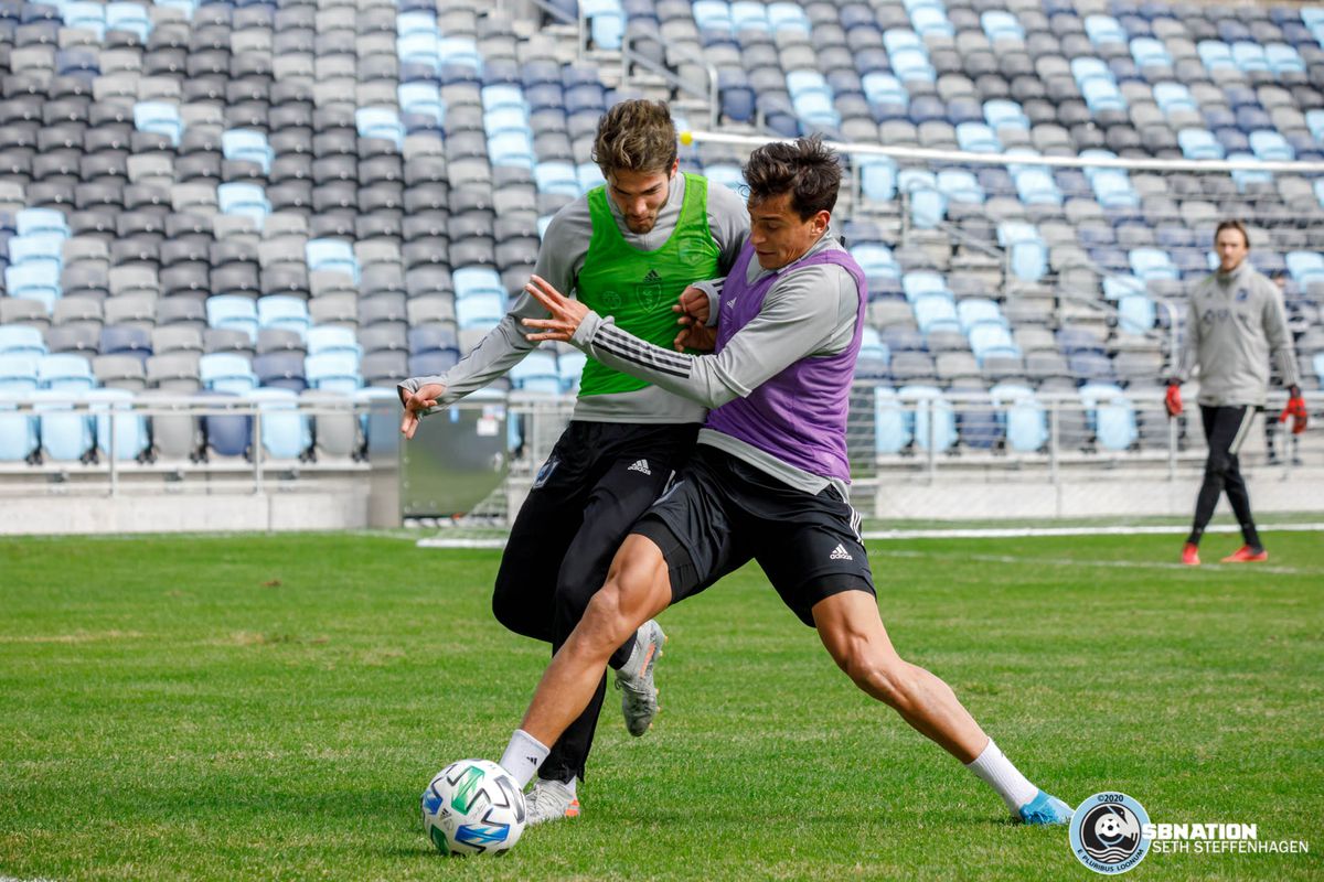 March 10, 2020 - Saint Paul, Minnesota, United States - Minnesota United defender Noah Billingsley (2) steps in to grab the ball from Minnesota United forward Luis Amarilla (9) during the Loon's first team practice at Allianz Field. 
