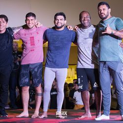 Kelvin Gastelum poses with his team at the UFC 224 open workouts Wednesday inside Barra Shopping Mall in Rio de Janeiro, Brazil.