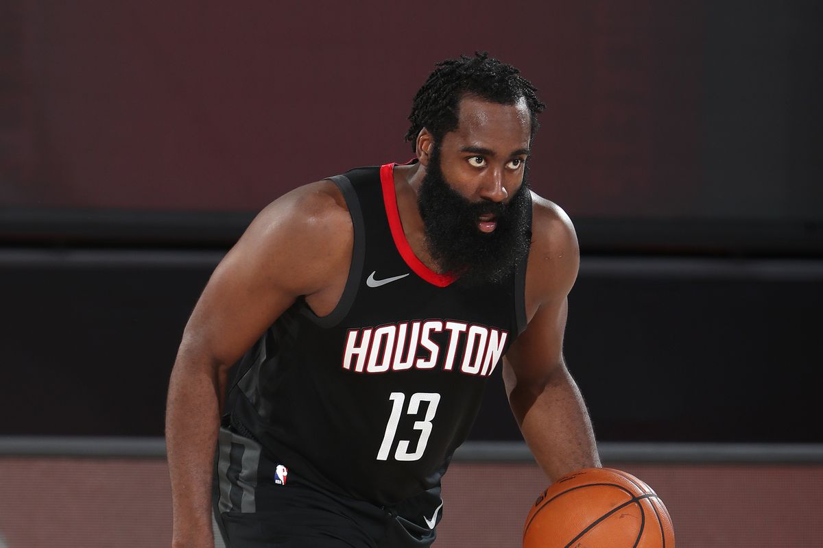 James Harden of the Houston Rockets dribbles the ball up court during Round One, Game Five of the NBA Playoffs on August 29, 2020 at The Field House in Orlando, Florida.&nbsp;