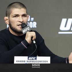 Khabib Nurmagomedov answers questions Thursday at the UFC 229 press conference in New York at Radio City Music Hall.