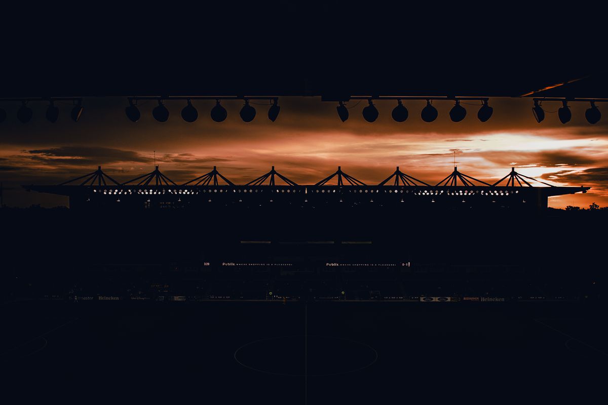 Exploria Stadium during a sunset.