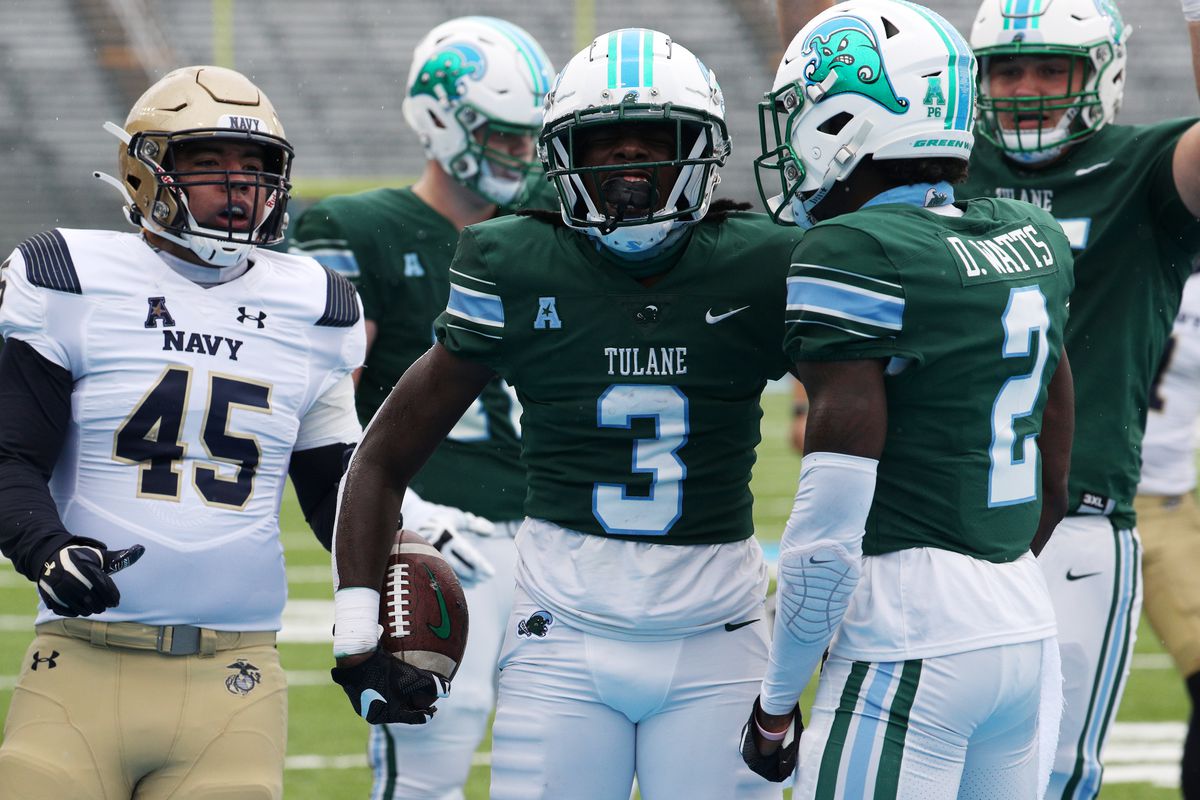 Phat Watts of the Tulane Green Wave reacts after a score against the Navy Midshipmen at Yulman Stadium on September 19, 2020 in New Orleans, Louisiana.