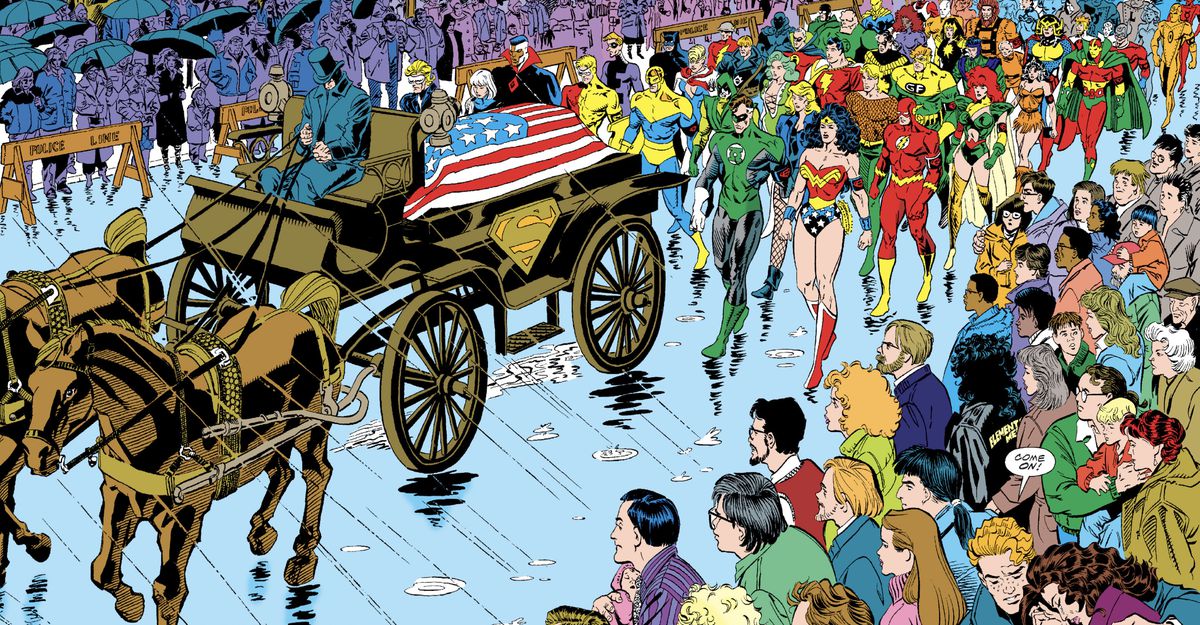 Dozens of superheroes, including Green Lantern, Wonder Woman, the Flash, and Aquaman, follow, through the rain, behind Superman’s horse-drawn hearse in Superman: Funeral for a Friend. 