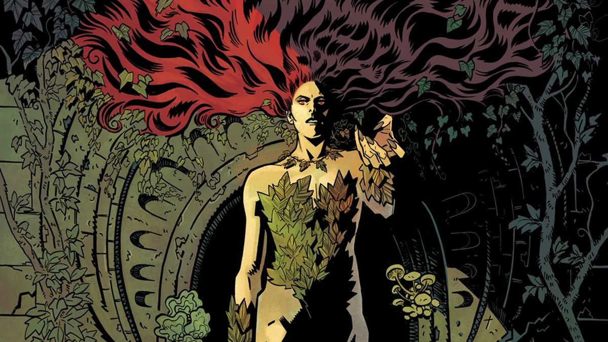 Poison Ivy strides toward the viewer, hand outstretched menacingly. Her hair is impossibly unfurled above her, she walks through a floor covered in fungal growths and human body parts, in a variant cover for Poison Ivy #2 (2022).