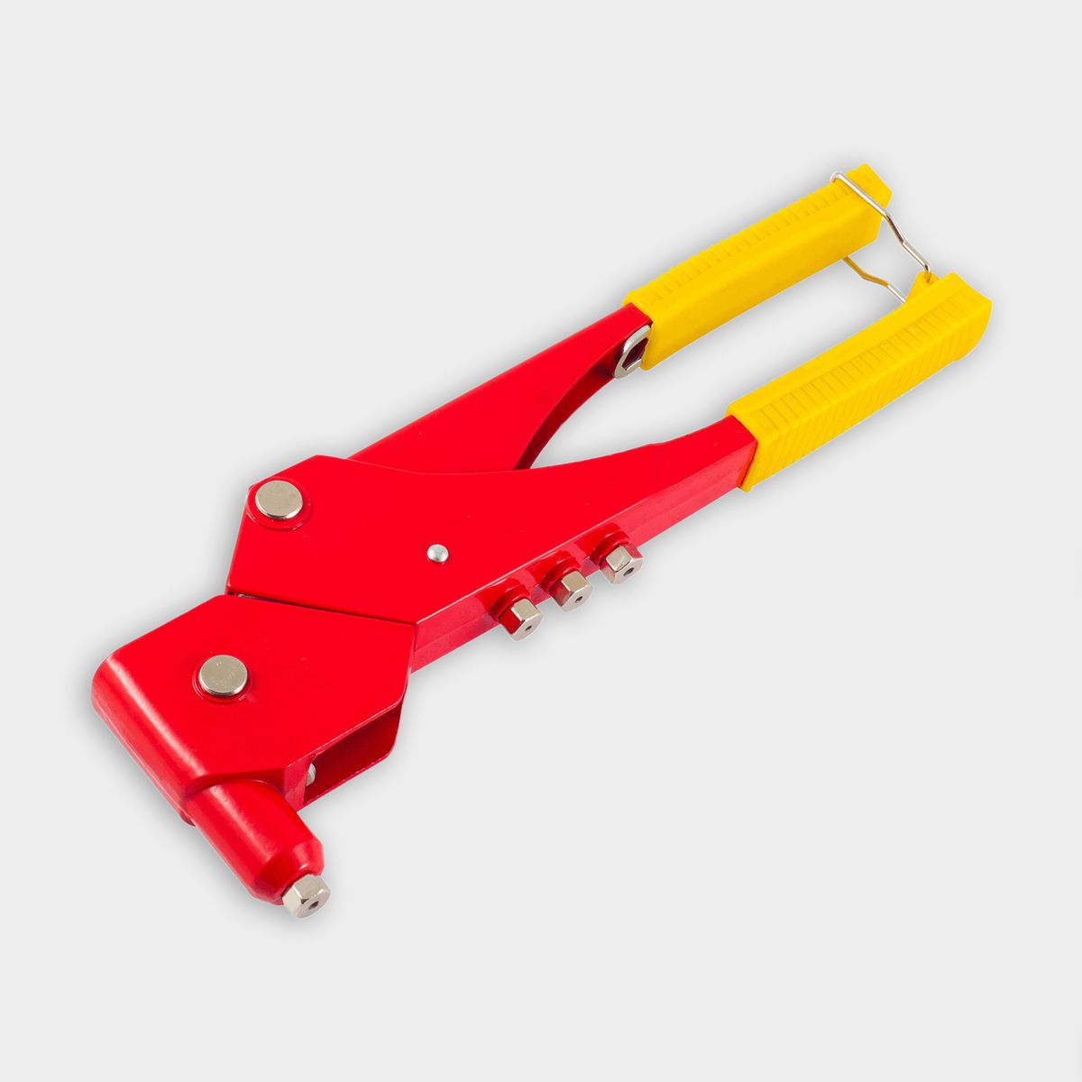 Red pop rivet gun with a yellow handle