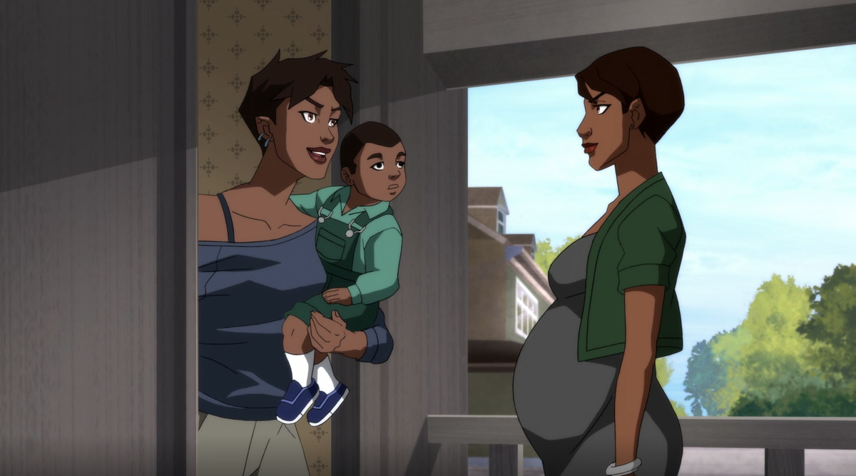 Rocket and son Amistand greet Bumblee in Young Justice: Outsiders
