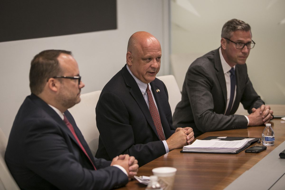 State treasurer candidates, from left: Libertarian Michael Leheney, Republican Jim Dodge and Democratic incumbent Michael W. Frerichs. They met with the Sun-Times Editorial Board on Sept. 6 | Rich Hein/Sun-Times