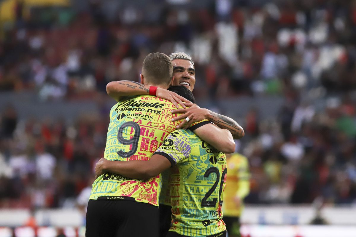 Jairo Torres of Atlas celebrates with teammates after scoring his team’s second goal during the 4th round match between Atlas and Santos Laguna as part of the Torneo Grita Mexico C22 Liga MX at Jalisco Stadium on February 6, 2022 in Guadalajara, Mexico.